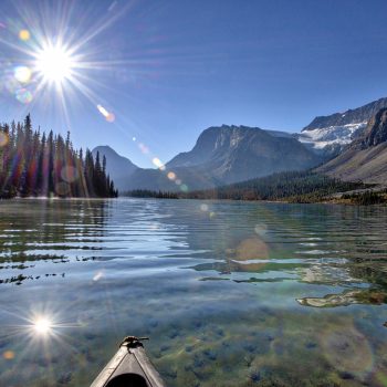 We were canoeing on a beautiful blue sky day on Bow Lake in Banff National Park. The amazing Crowfoot Glacier appears in the background.