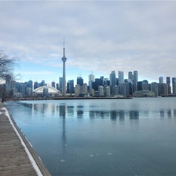 View of Toronto Waterfront in winter from the Toronto Islands, Lake Ontario.