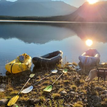 The photo was taken on Lower Kananaskis Lake at sunrise. We were getting ready to launch our inflatables. These boats make no noise or leave any footprint on the lake. We paddle silently with the wate ...
