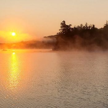 A pretty sunrise with mist rising from the water.