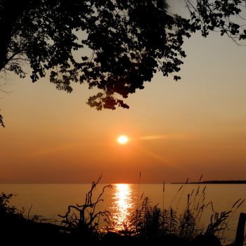 At 6am, in July of the hottest summer on record so far, the bright sun illuminates the water and shoreline of the Georgian Bay.