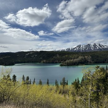 Picturesque turquoise lake basin of Emerald Lake with the background of equally majestic ice-capped mountains of Kluane National Park.