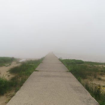 The long dock at Red Bay beach disappears into heavy fog.