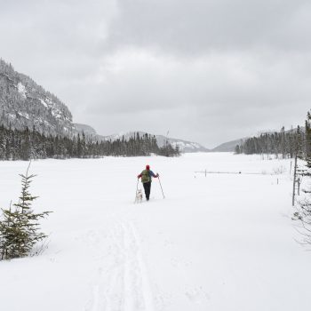 Mon conjoint en skis de randonnée et mon chien aux abords du lac des Employés Civils dans la zec des Martres en hiver.