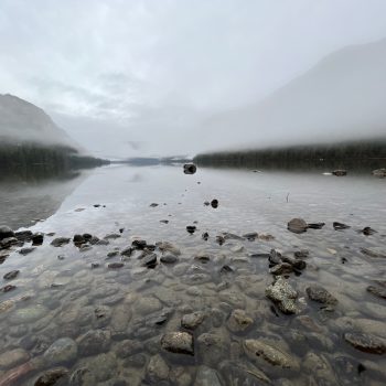 Early morning, the lake is waking up and the clouds lifted shortly after.