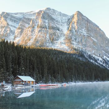 Canoes all packed up at Lake Louise on one of the first snowy mornings in October!