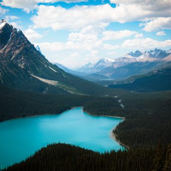 A view in the daytime of the fantastic glacier-fed lake in the Alberta Rockies.